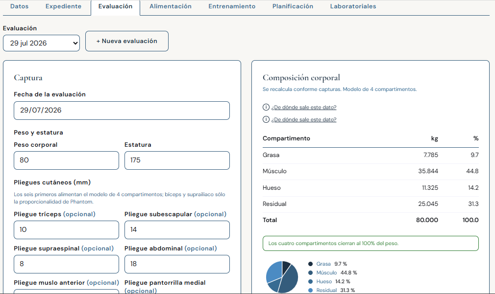 Expediente de un paciente en Wellogi Professional: las siete pestañas, el botón para descargar el PDF con membrete propio, el enlace para exportar el expediente completo en CSV y la composición corporal por modelo de cuatro compartimentos.