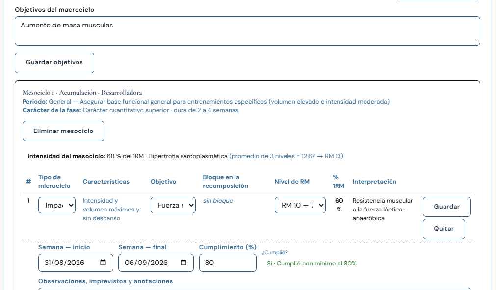 Pestaña de Planificación: objetivos del macrociclo, mesociclo de acumulación con su carácter de fase, intensidad como porcentaje del 1RM, tabla de microciclos y registro de cumplimiento semanal.