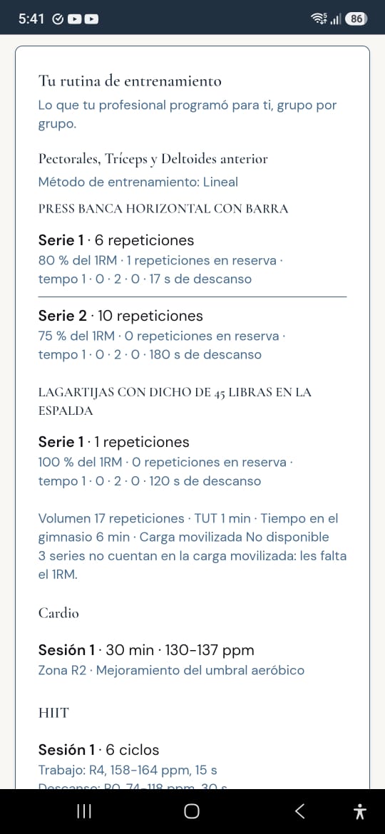 My Wellogi en un celular: la rutina de entrenamiento, grupo por grupo, con cada serie y sus indicaciones.
